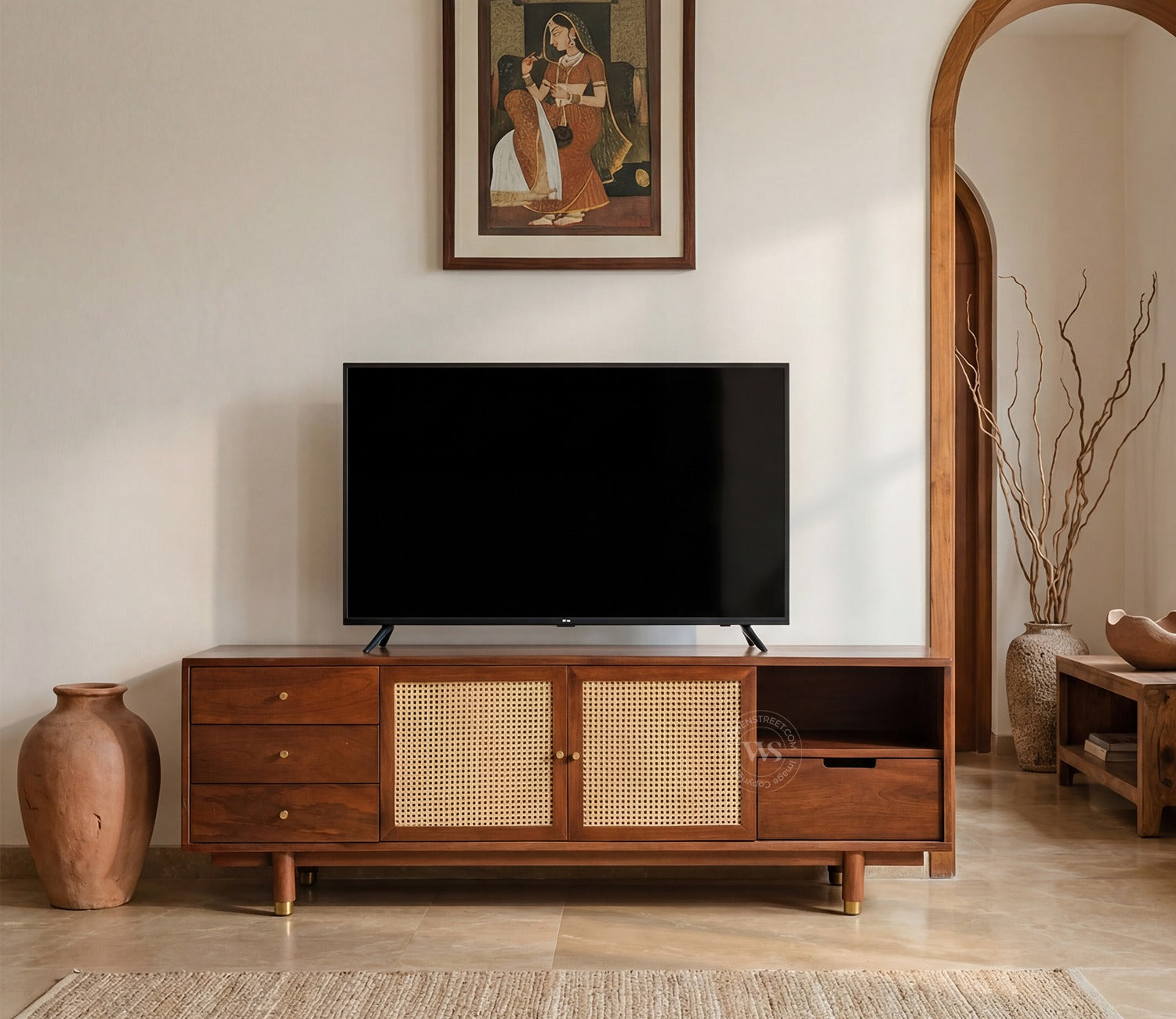 Eka Premium Mango Wood TV Unit with Natural Cane Detailing - Bohemian Contemporary Design (Teak Finish)