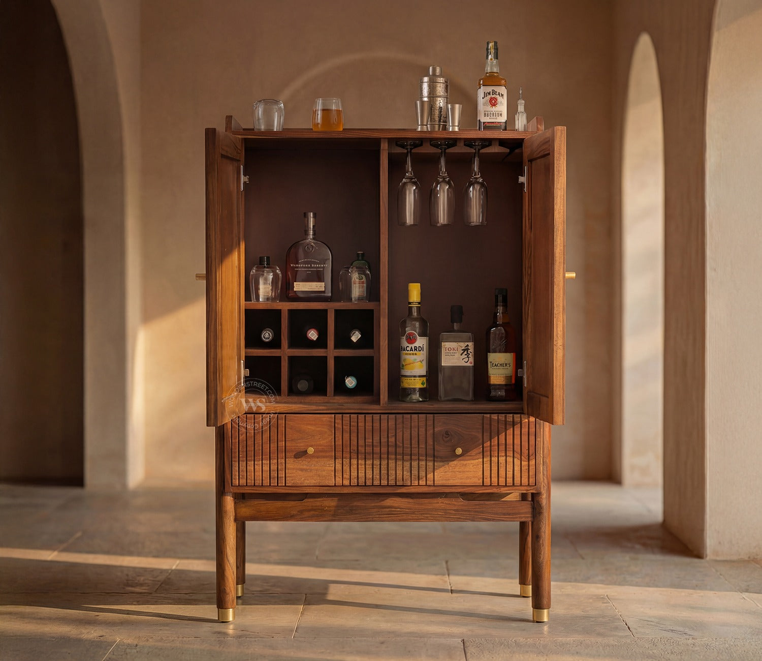 Amodh Sheesham Wood Bar Cabinet with Arched Cane Doors & Brass Handles (Teak Finish)