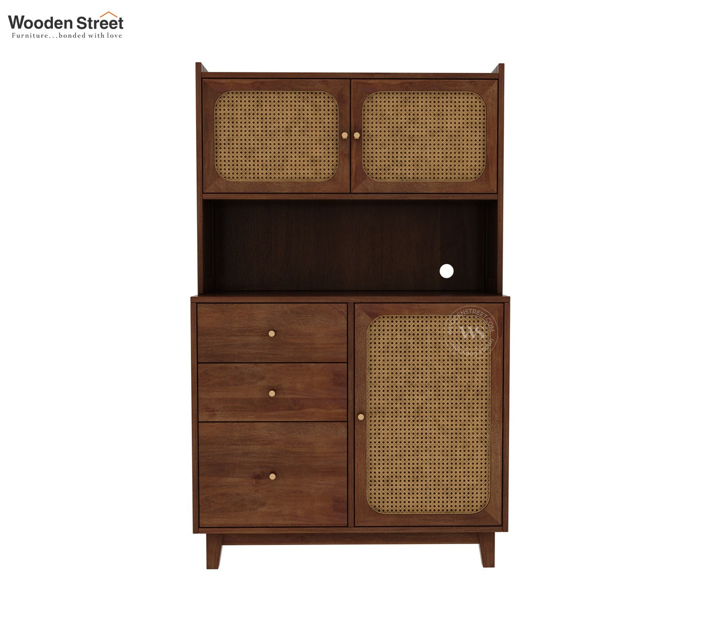 Divit Mango Wood Kitchen Cabinet with Cane Detailing & Brass Knobs (Teak Finish)