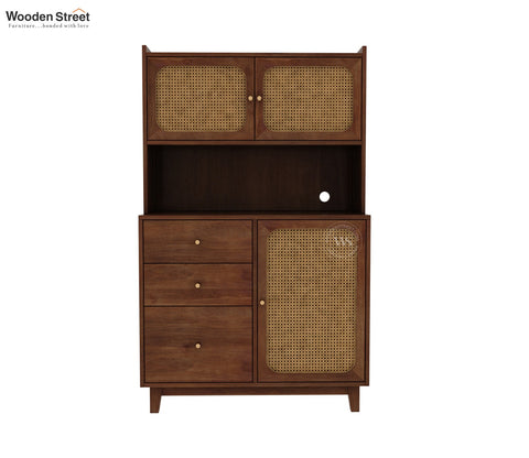 Divit Mango Wood Kitchen Cabinet with Cane Detailing & Brass Knobs (Teak Finish)