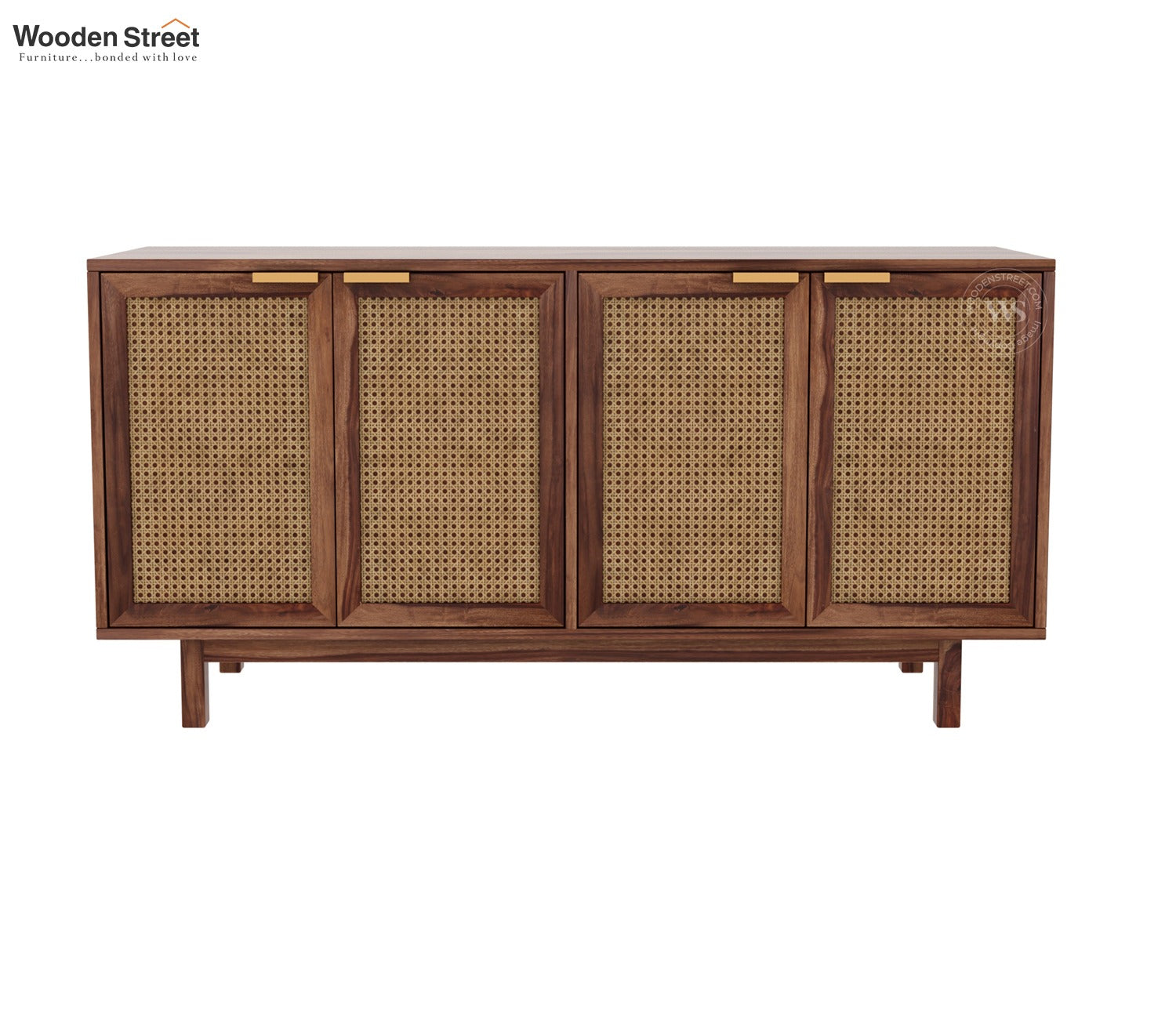 Rivena Solid Wood Cane Cabinet with Storage (Honey Finish)