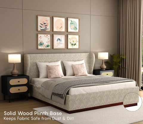 Adhiraj Luxurious Fabric Box Storage Bed with Plush Wingback Headboard (King Size, Pavilion Trellis Stone)