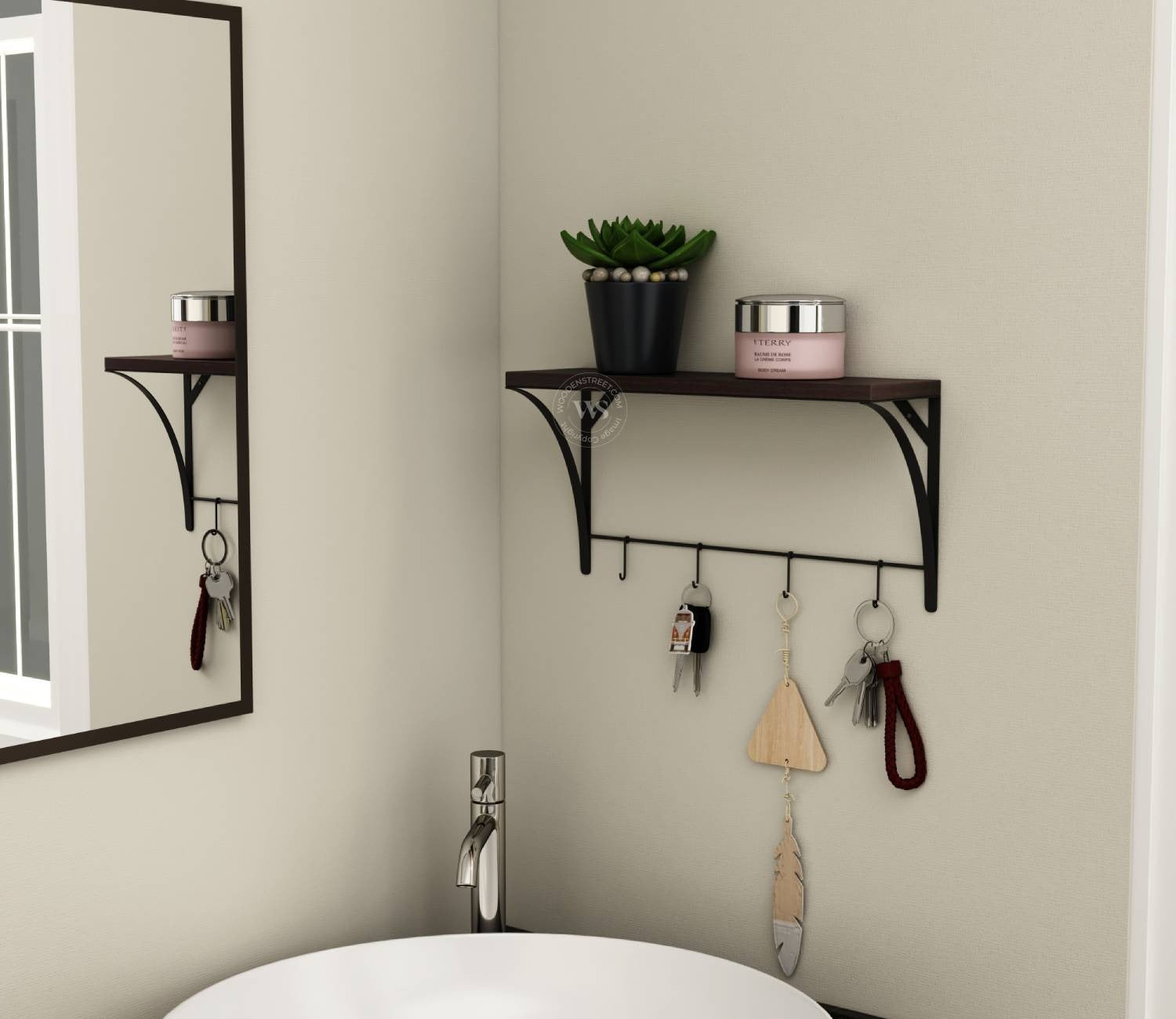 Hedwig Wooden Wall Mounted Shelf With 4 Hanging Metal Hooks, Multipurpose Wall Shelf For Living Room/Bedroom (Flowery Wenge)