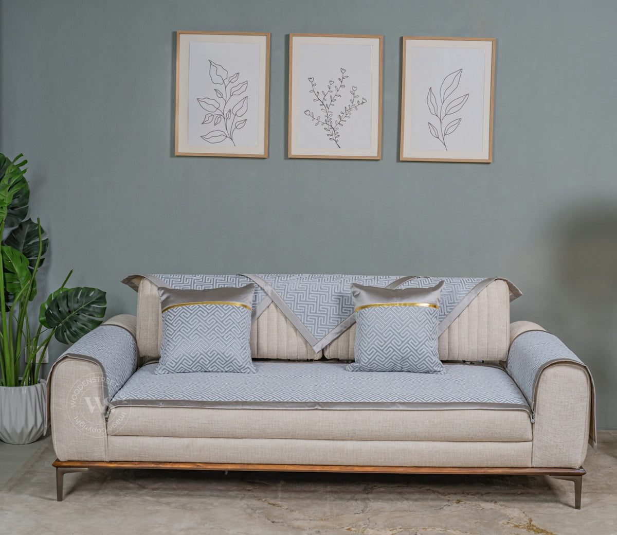 Cream Checkered Abstract Grey Pattern 3 Seater Sofa Cover - Set of 8