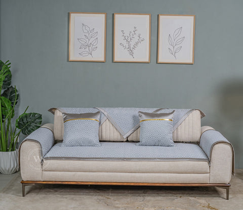 Cream Checkered Abstract Grey Pattern 3 Seater Sofa Cover - Set of 8
