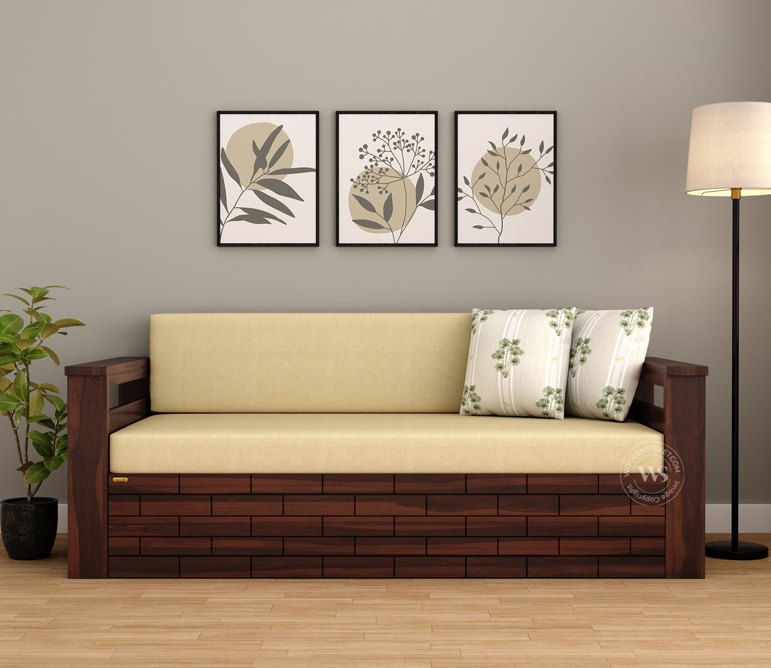 Sereta Sheesham Wood Sofa Cum Bed (Queen Size, Walnut Finish)