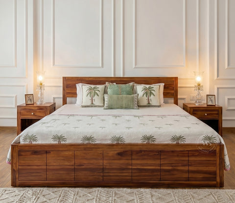 Brixton Sheesham Wood Bed With Box Storage (King Size, Honey Finish)