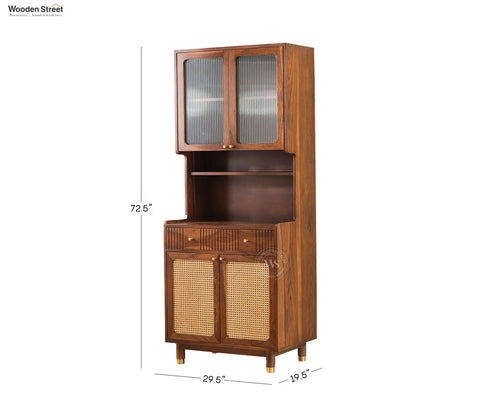 Sanchay Classic Kitchen Cabinet with Fluted Glass, Cane Weave & Brass Knobs (Teak Finish)