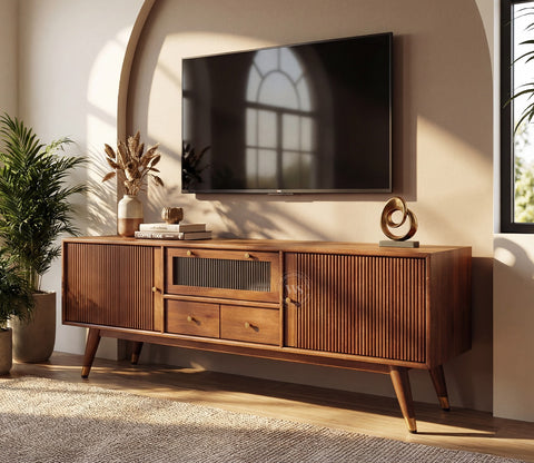 Hamona Premium Mango Wood TV Unit with Drawers And Cabinets (Teak Finish)