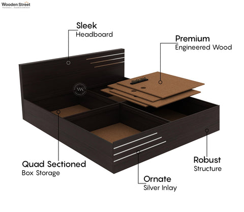 Treaden Premium Engineered Wood Bed With Quad Sectioned Box Storage (Queen Size, Flowery Wenge Finish)