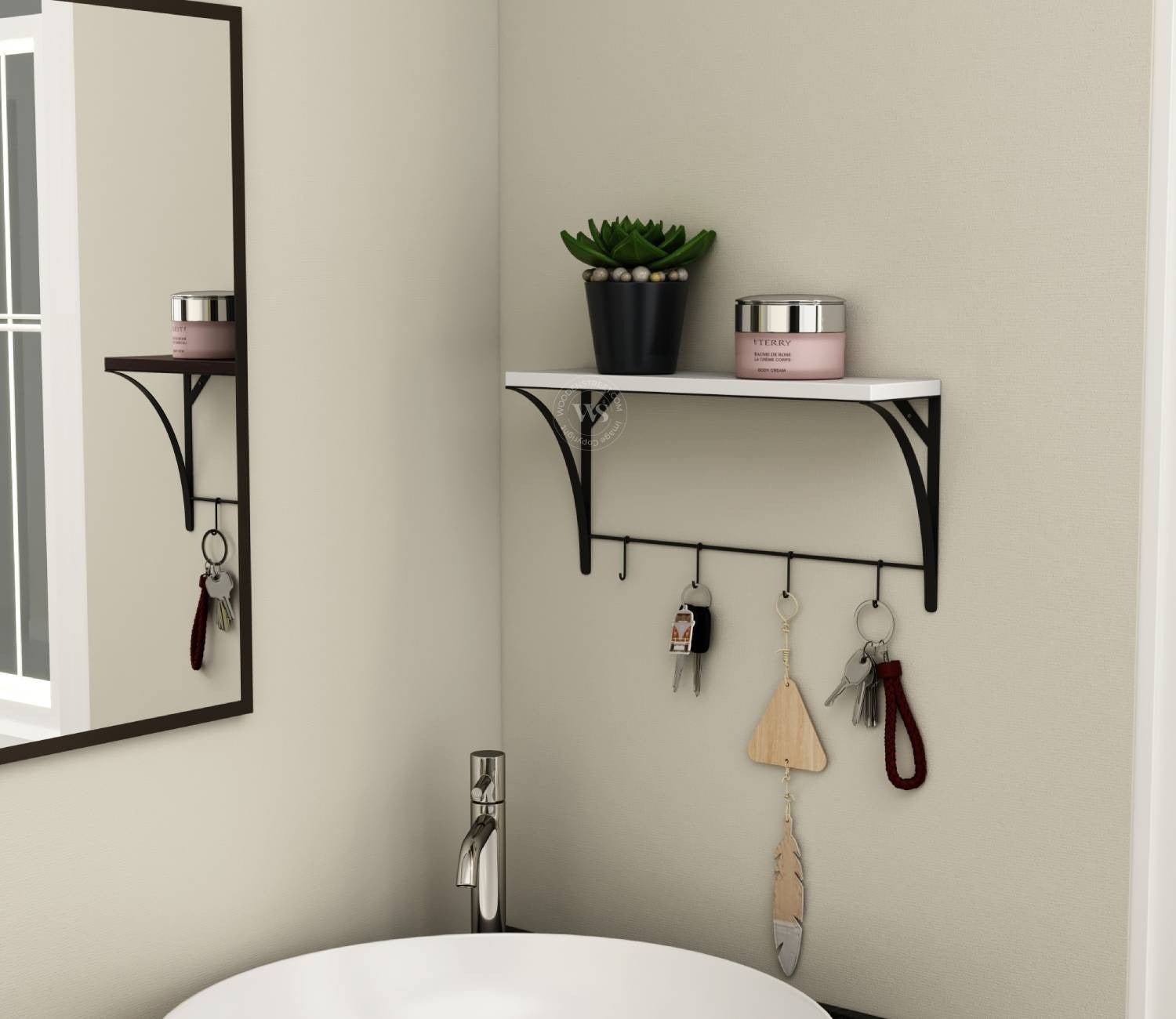 Hedwig Wooden Wall Mounted Shelf With 4 Hanging Metal Hooks, Multipurpose Wall Shelf For Living Room/Bedroom (Frosty White)