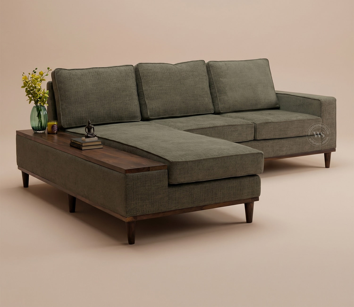 Ashion Premium Left Aligned L Shape Sofa with Built-in Side Wooden Deck (Sage Green)