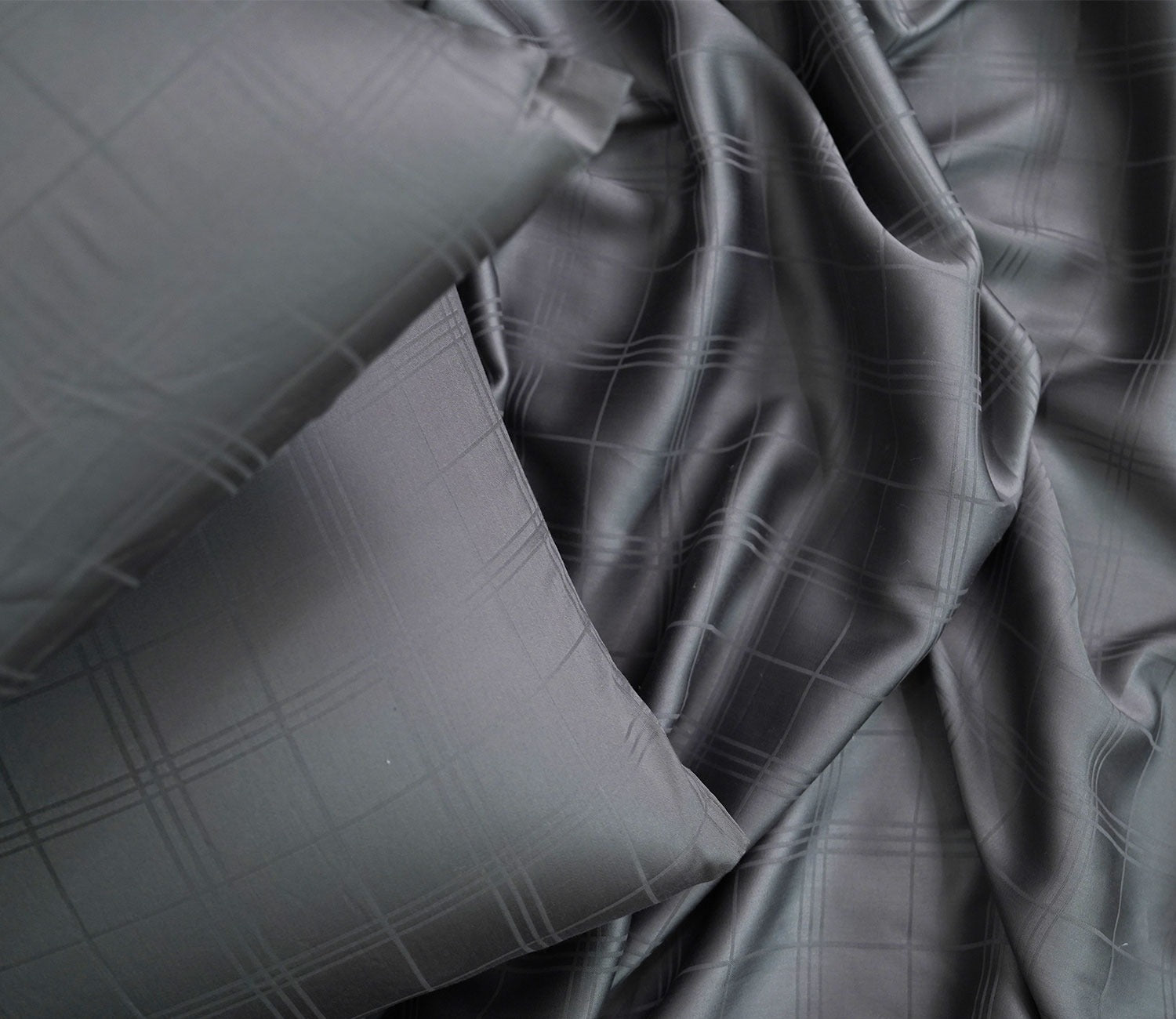 Dobby Checks Organic Bamboo 300 TC 2 Pillowcases and 1 Fitted Bedsheet (Grey, King Size)