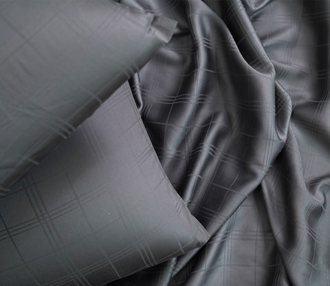 Dobby Checks Organic Bamboo 300 TC 2 Pillowcases and 1 Fitted Bedsheet (Grey, King Size)