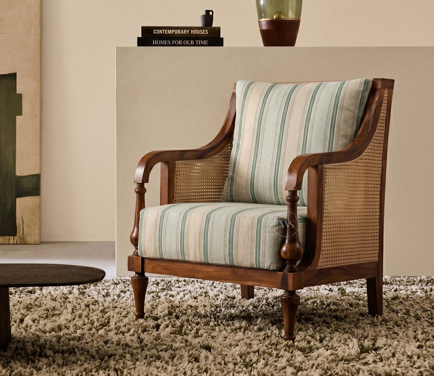 Eterna Sheesham Wood Lounge Chair With Premium Upholstery & Cane Detailing (Teak Finish)