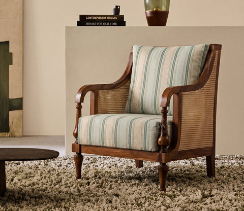 Eterna Sheesham Wood Lounge Chair With Premium Upholstery & Cane Detailing (Teak Finish)