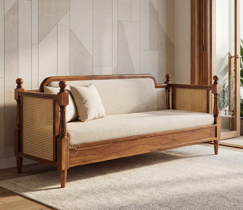 Dyuti Sheesham Wood and Cane Divan Bed with Jade Ivory Mattress (Teak Finish)