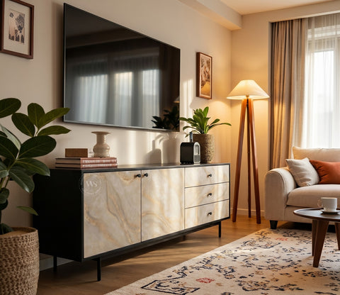 Marbay Modern Black Sideboard & Cabinet with Textured Front & Metal Base (Engineered Wood, Marble Pattern)