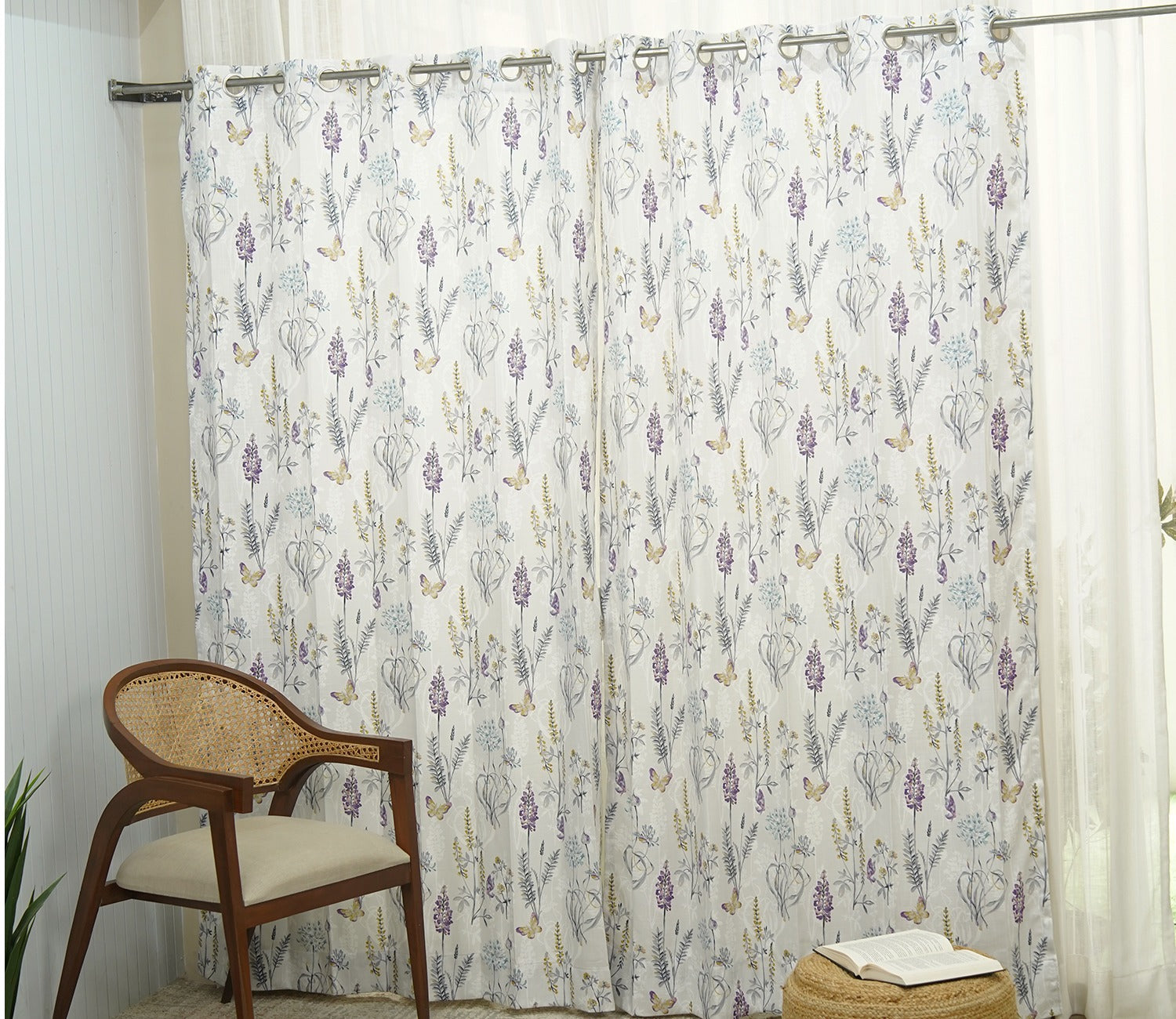 Grey Botanic Mist Floral Print Light-Filtering Door Curtains Set of 2 (Grey, 7 Feet)