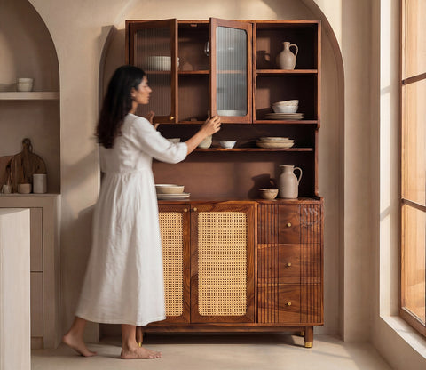 Tripti Classic Kitchen Cabinet with Fluted Glass, Cane Weave & Brass Knobs (Teak Finish)