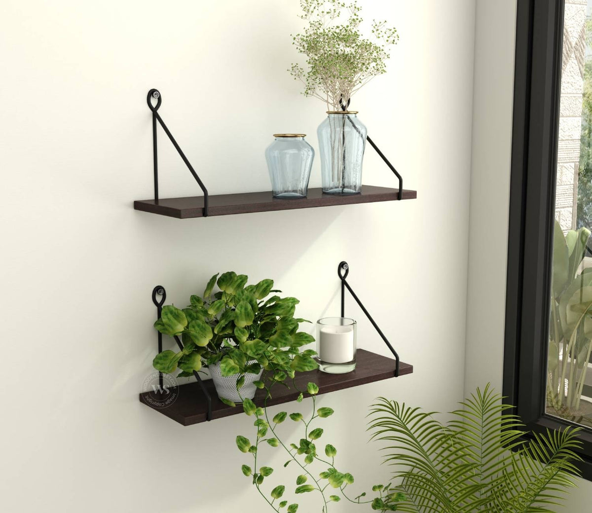 Luna Hanging Wall Shelf, Metallic Black & White Combination Wall Mounted Shelves for Living Room/Bedroom - Set of 2 (Flowery Wenge)