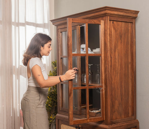 Taksha Sheesham Wood Kitchen Cabinet with Glass Doors & Cane Accent (Teak Finish)