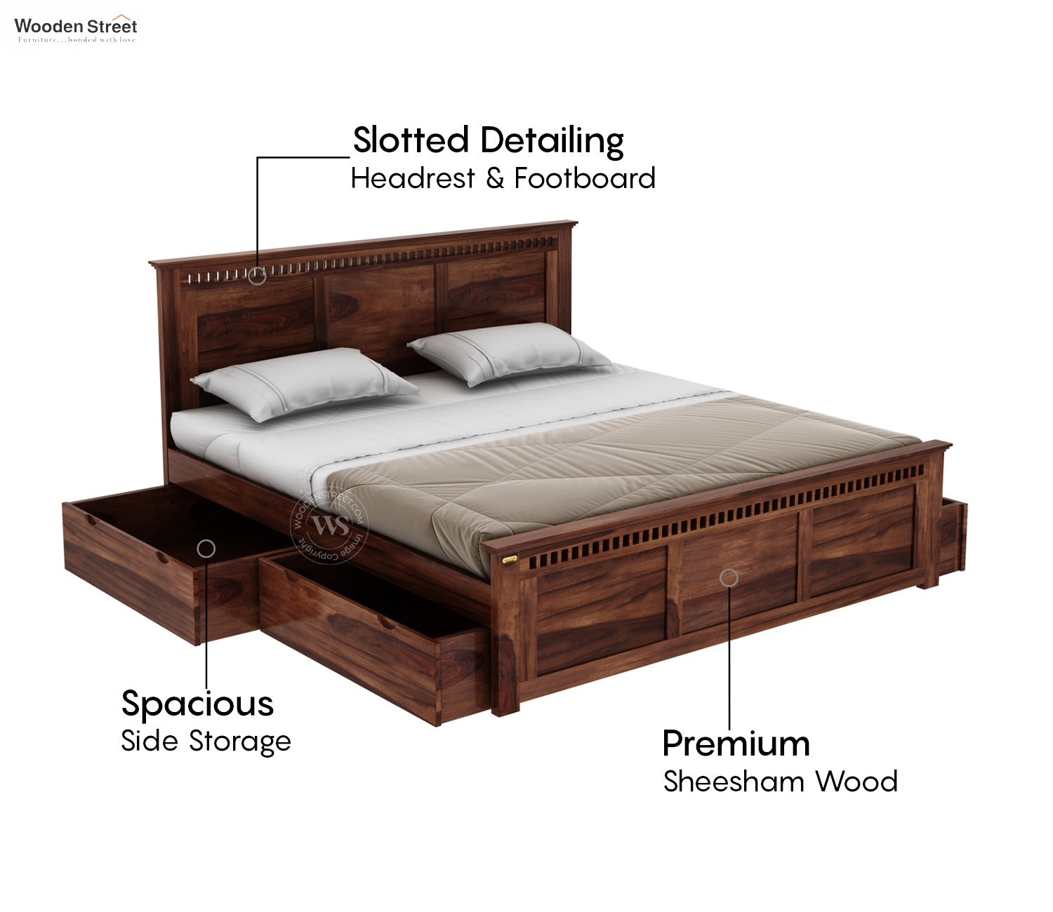 Adolph Sheesham Wood Queen Size Bed With Side Storage (Honey Finish)