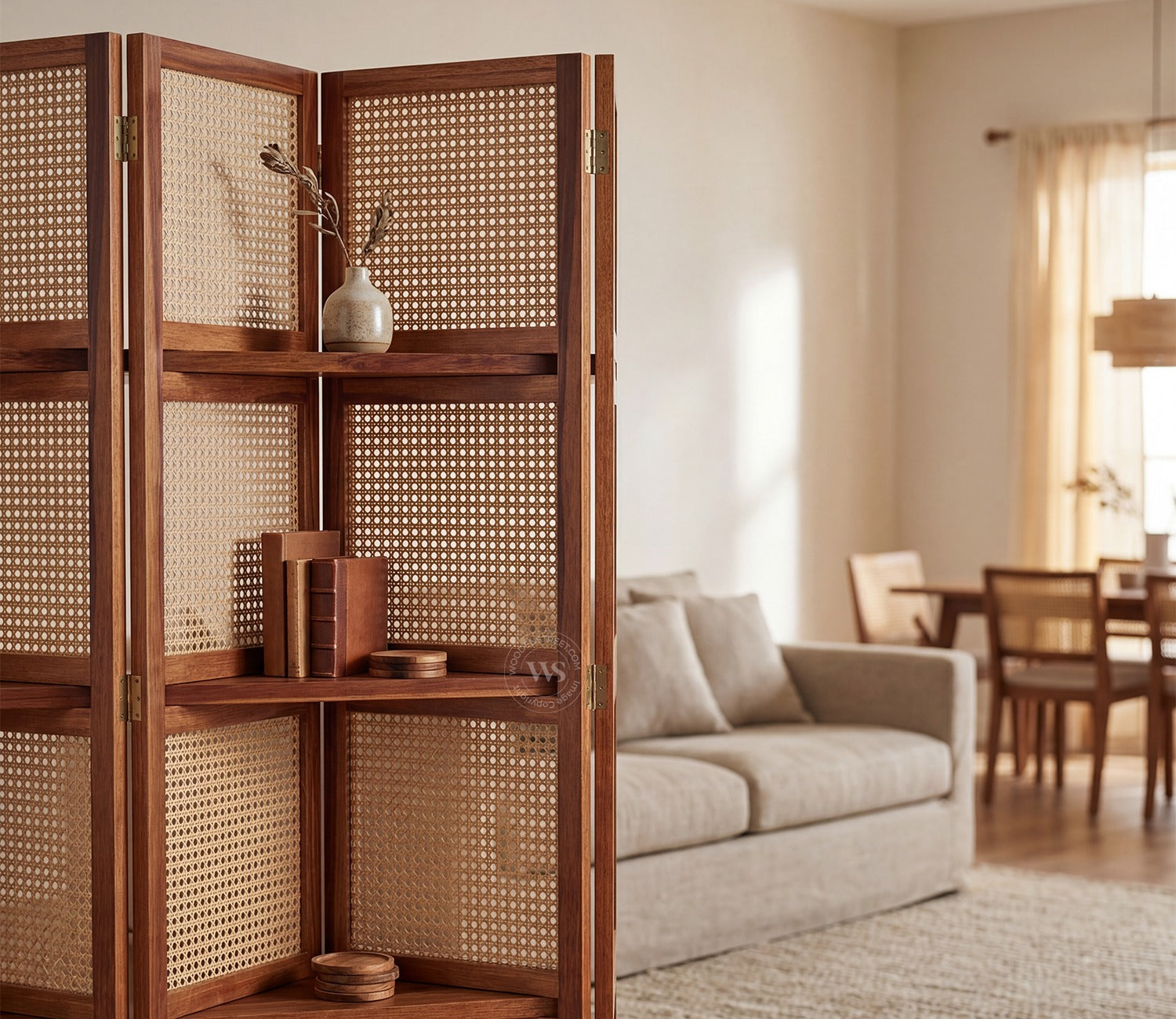 Aakaar Sheesham Wood Foldable Room Divider with Cane Weave & Open Shelves - 5 Panel Partition Screen