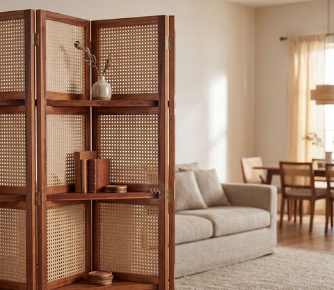 Aakaar Sheesham Wood Foldable Room Divider with Cane Weave & Open Shelves - 5 Panel Partition Screen