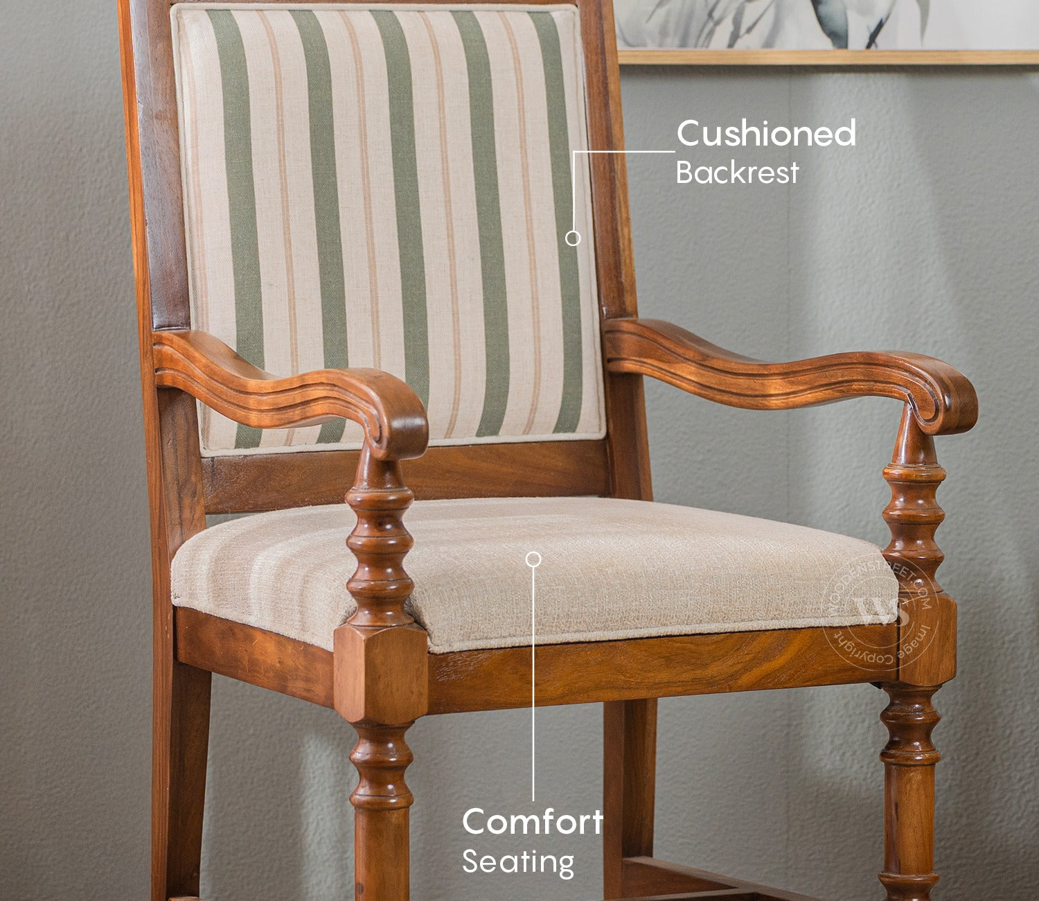 Udaya Sheesham Wood Arm Chair (Green Stripe, Teak finish)