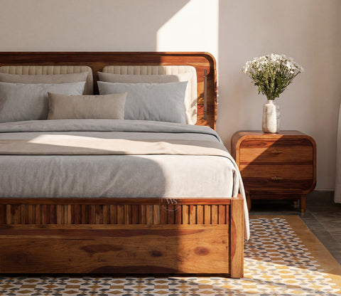 Lotus Premium Sheesham Wood Bed with Drawer Storage (Queen Size, Teak Finish)