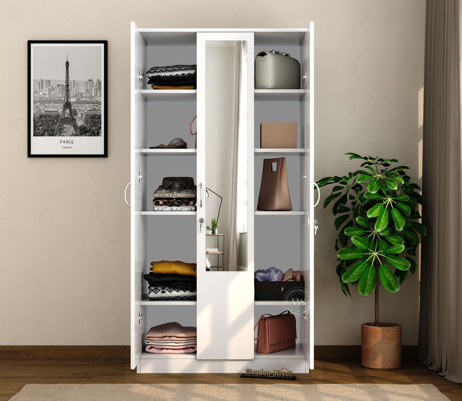Kayden 3 Door Multi Utility Wardrobe With Mirror (Frosty White Finish)