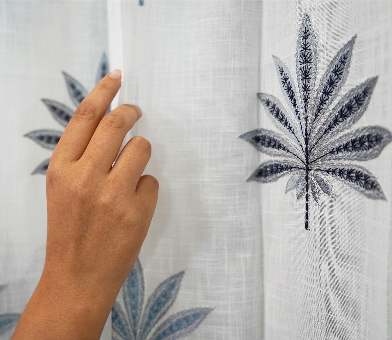 Crown Leaf Sheer Door Curtains Set of 2 (Blue, 7 Feet)