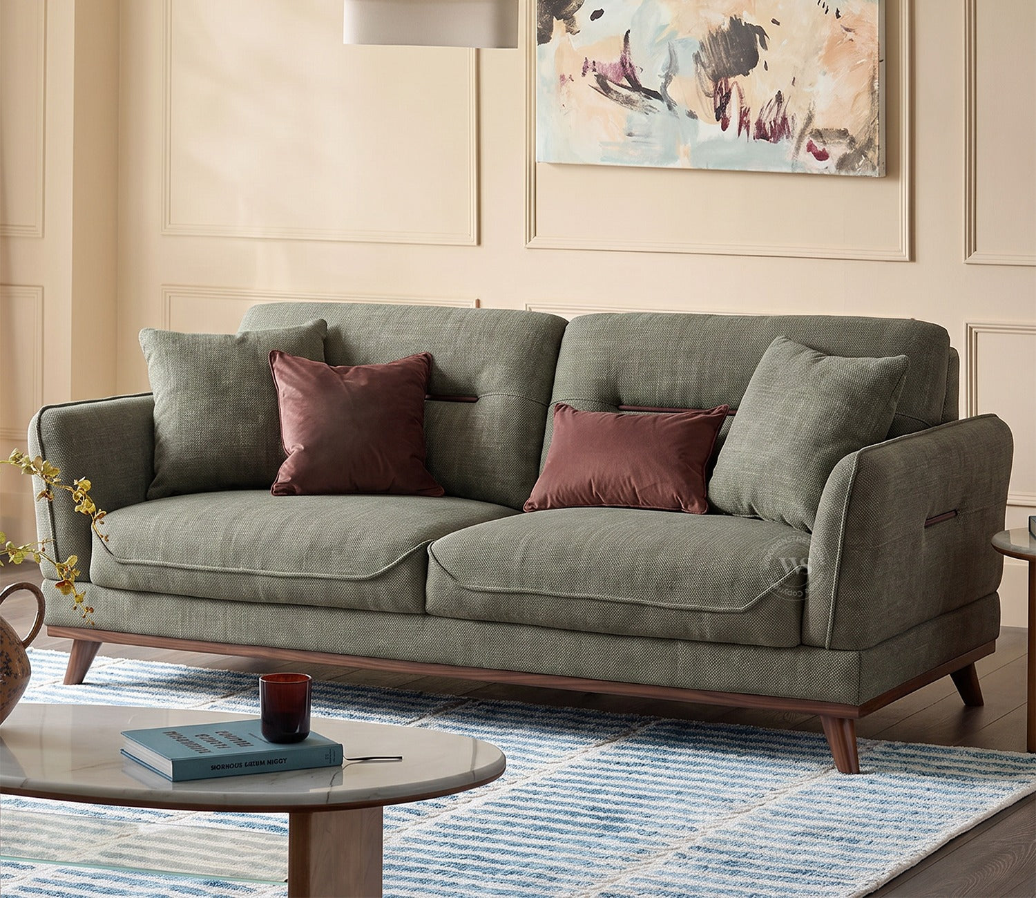 Alvaro 3+1+1 Seater Fabric Sofa with Wooden Accents (Cotton, Sage Green)