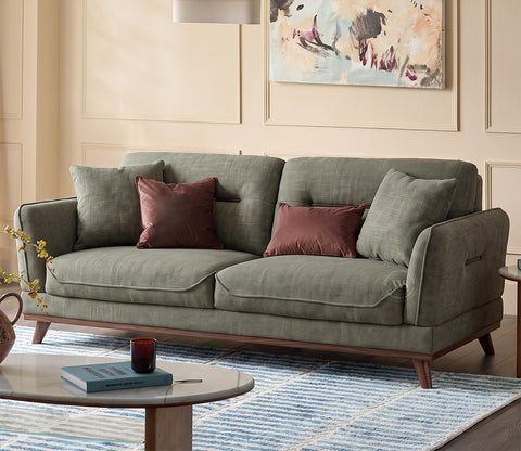 Alvaro 3+1+1 Seater Fabric Sofa with Wooden Accents (Cotton, Sage Green)
