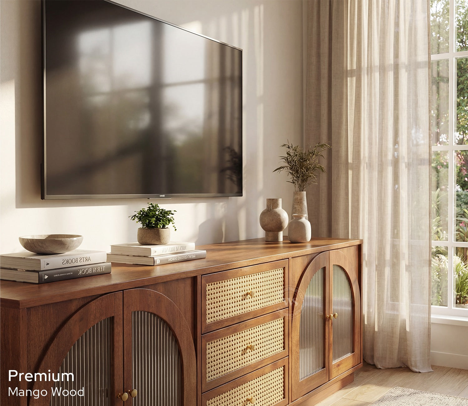Windsor Premium Mango Wood TV Unit with Fluted Glass Panel Door Cabinets, Cane Detailing (Teak Finish)