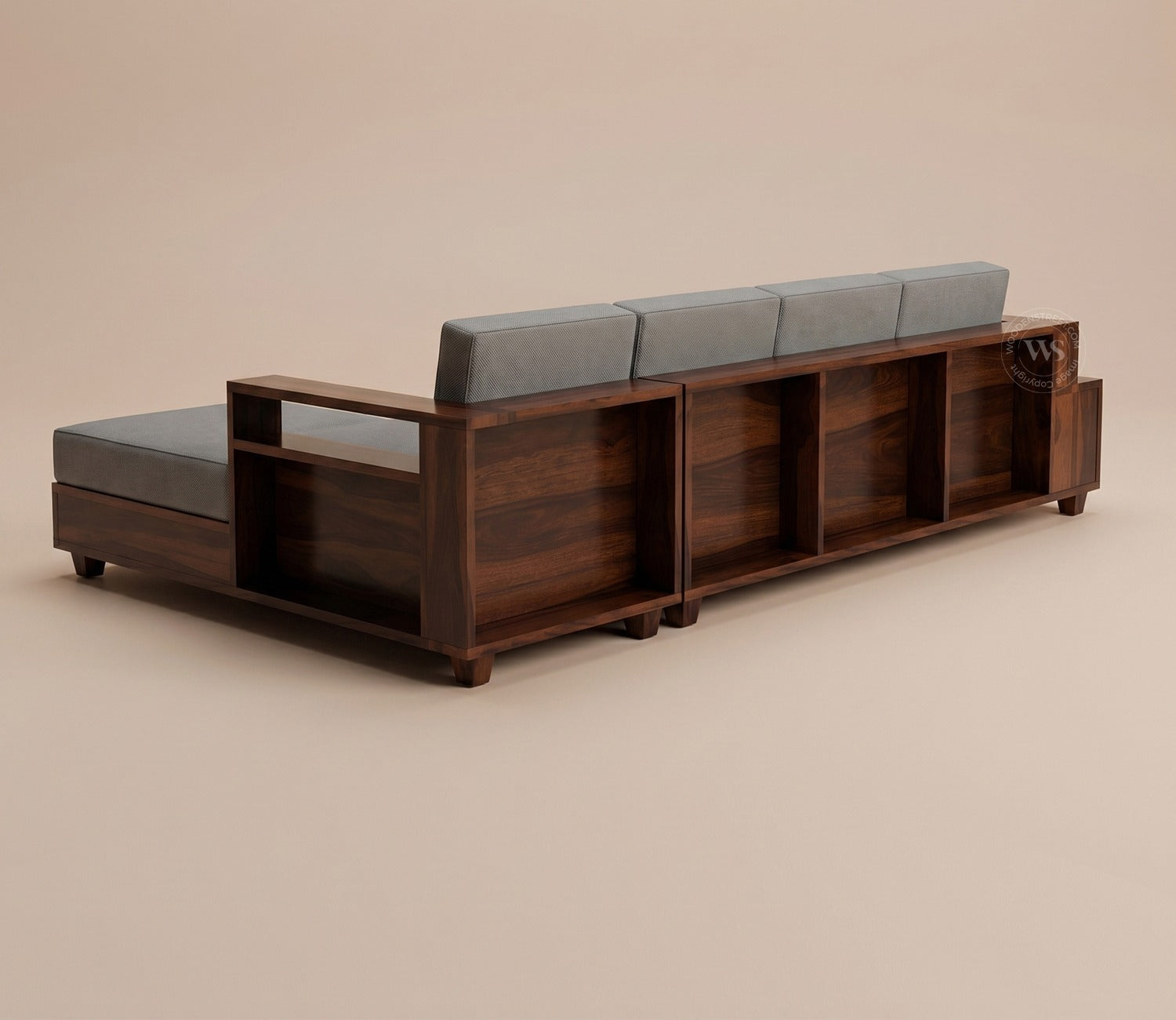 Solace L-Shape Right Aligned 4 Seater Sheesham Wood Sofa (Walnut Finish, Warm Grey)