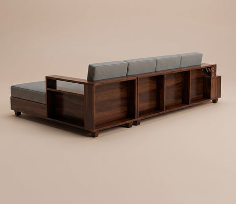 Solace L-Shape Right Aligned 4 Seater Sheesham Wood Sofa (Walnut Finish, Warm Grey)