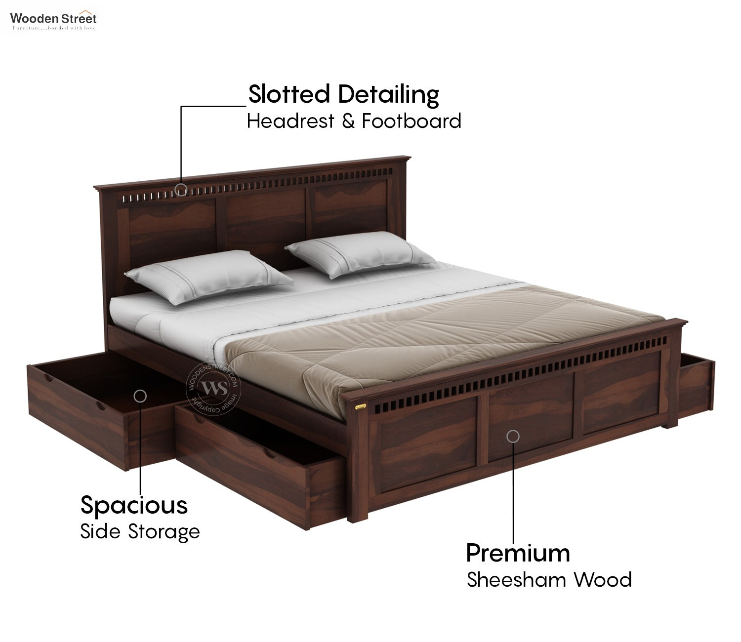 Adolph Sheesham Wood Bed With Side Storage (King Size, Walnut Finish)