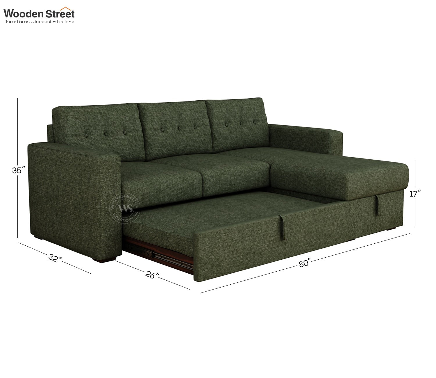 Alfonso Right Aligned Convertible Sofa Cum Bed (Sage Green)