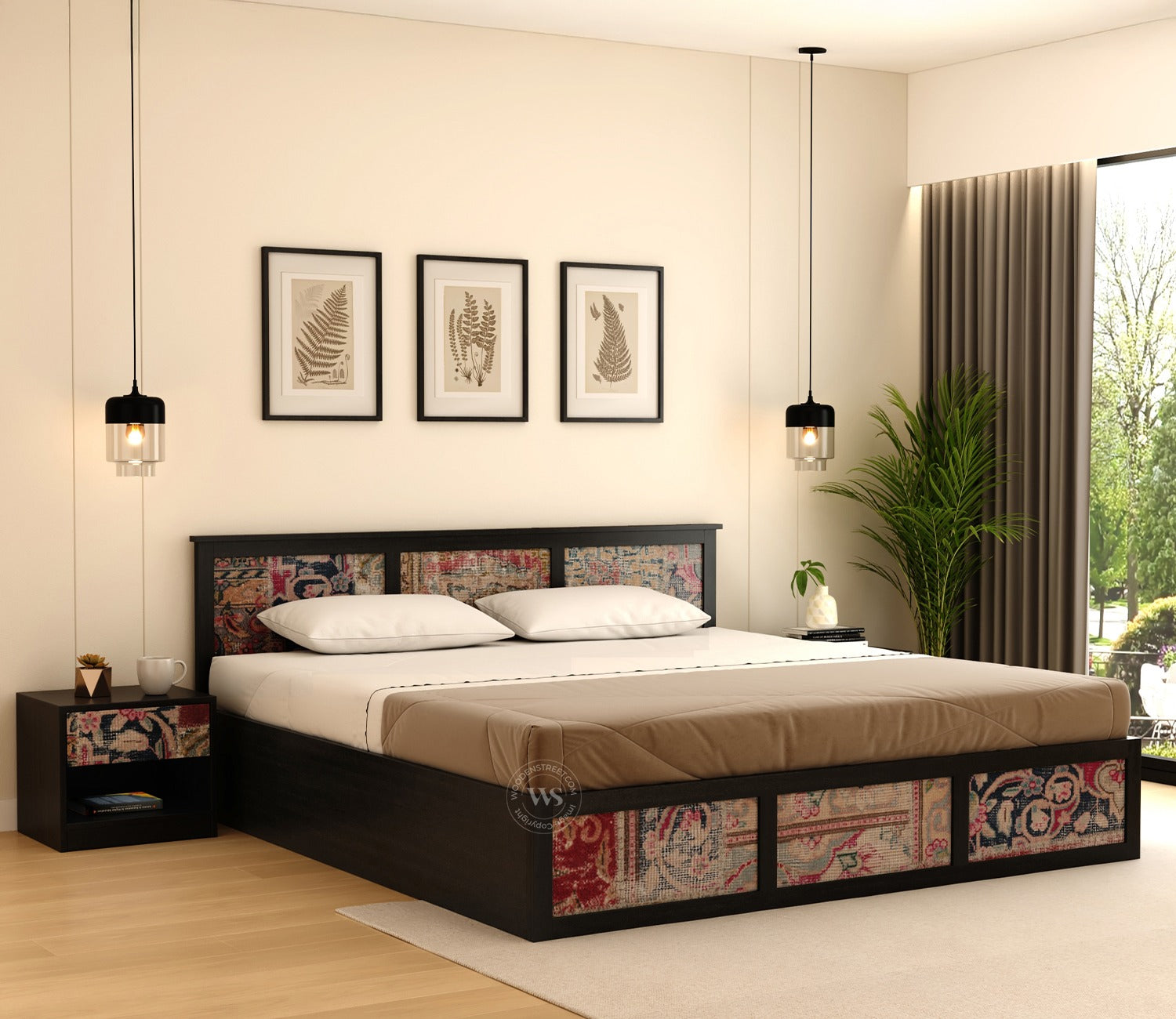 Orren Engineered Wood Bed with Laminated Textured Headboard & Footboard with Box Storage (Queen Size, Patchwork Multi)