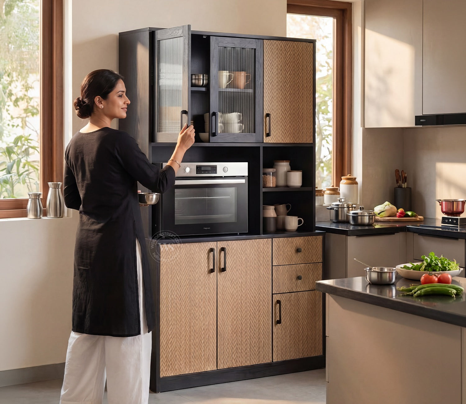 Basilic Engineered Wood Kitchen Cabinet with Textured Front & Ample Storage Space (Zigzag Brown)