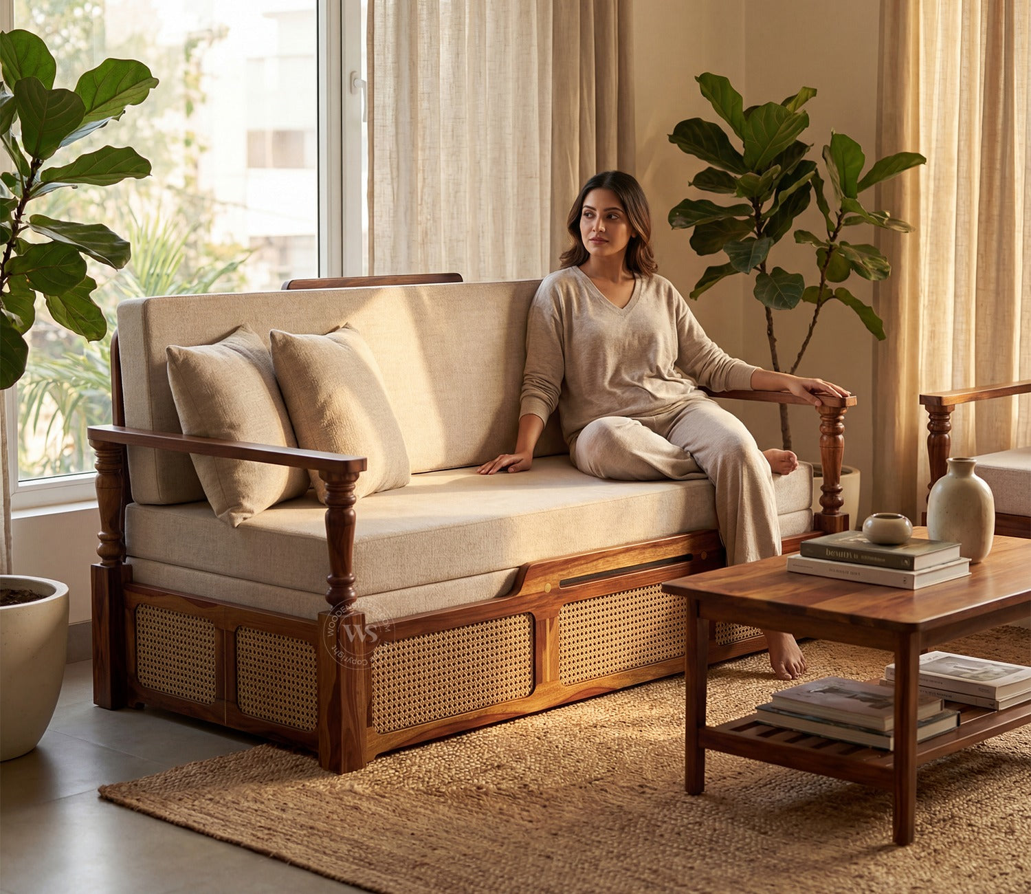 Ayaana Sheesham Wood 3 Seater Sofa Cum Bed with Cane Weaving | Opens to Double Bed (78x62) | Premium Upholstery | Sleeps 2 Adults (Teak Finish, Jade Ivory)