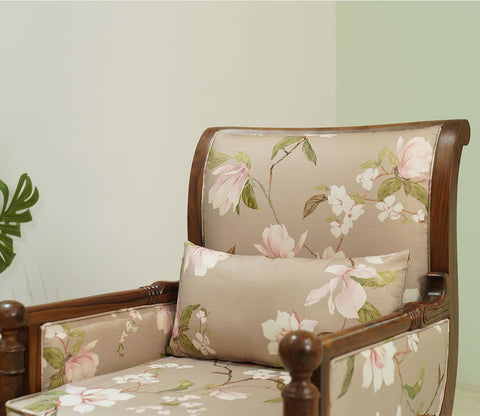 Fedrika Floral Printed Sheesham Wood Arm Chair (Cotton, Magnolia Beige)