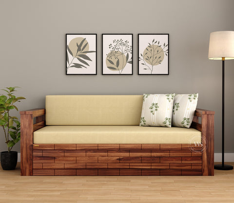 Sereta Sheesham Wood Sofa Cum Bed (Queen Size, Honey Finish)
