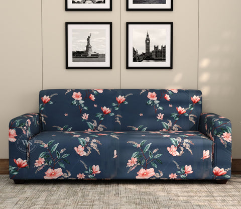 Flaubert Floral Printed Polyester Spandex 3+2 Sofa Cover Set (Blue)