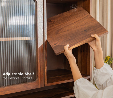 Tripti Classic Kitchen Cabinet with Fluted Glass, Cane Weave & Brass Knobs (Teak Finish)