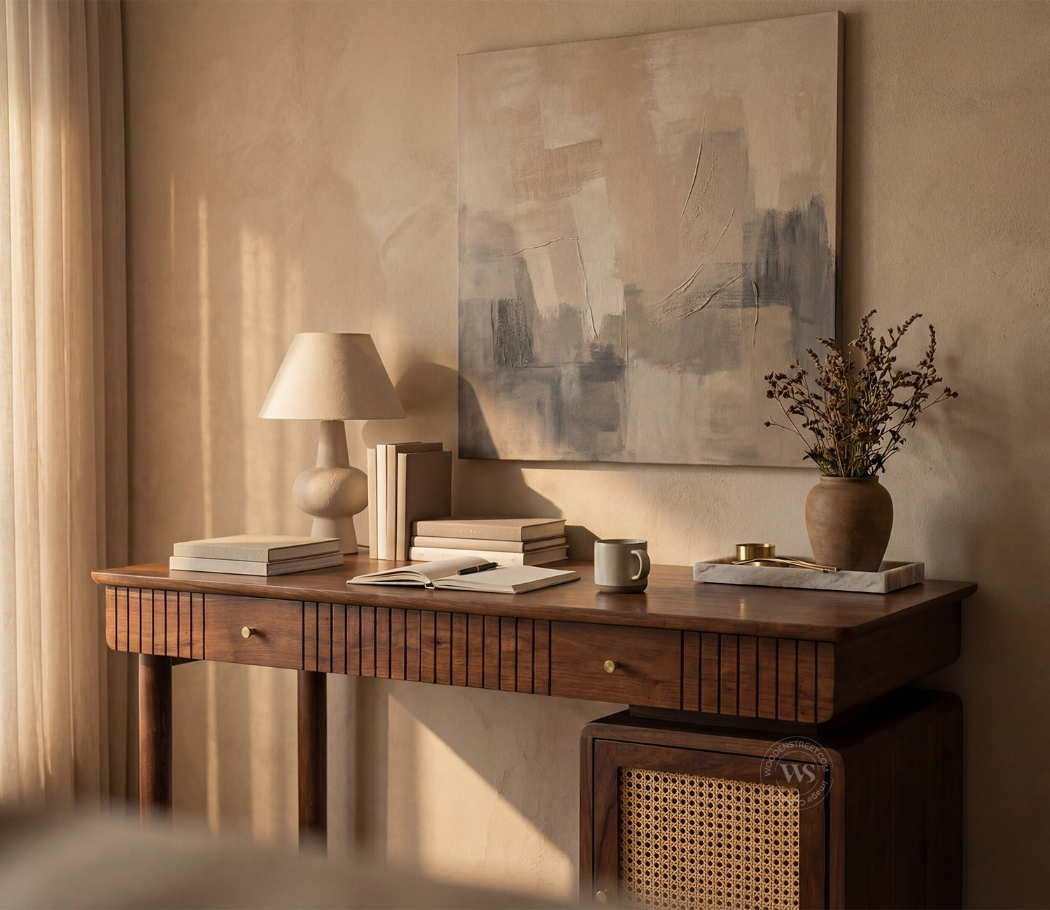 Kalam Modern Designer Sheesham Wood Study Table with Cane Accents & Drawer Storage (Teak Finish)