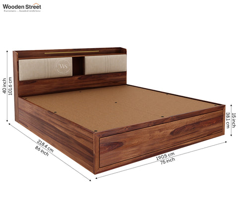 Wildon Premium Sheesham Wood Bed with Cushioned Headboard and Hydraulic Storage (King Size, Teak Finish)