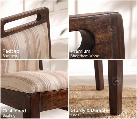 Hazel Sheesham Wood Premium Cotton Cushioned Dining Chair - Set of 2 (Cotton, Walnut Cream Stripe)